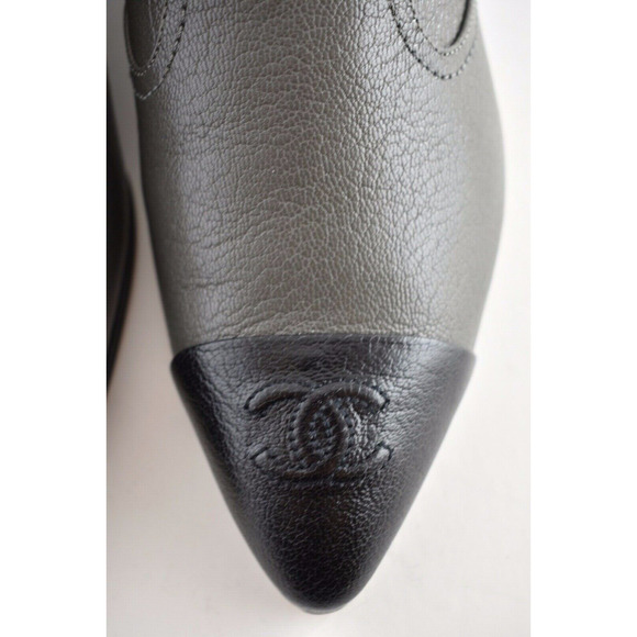 Chanel 18B Black Grey Grained CC Pointed Loafer Moccasin Flat Short Boots 40.5 - Picture 7 of 12